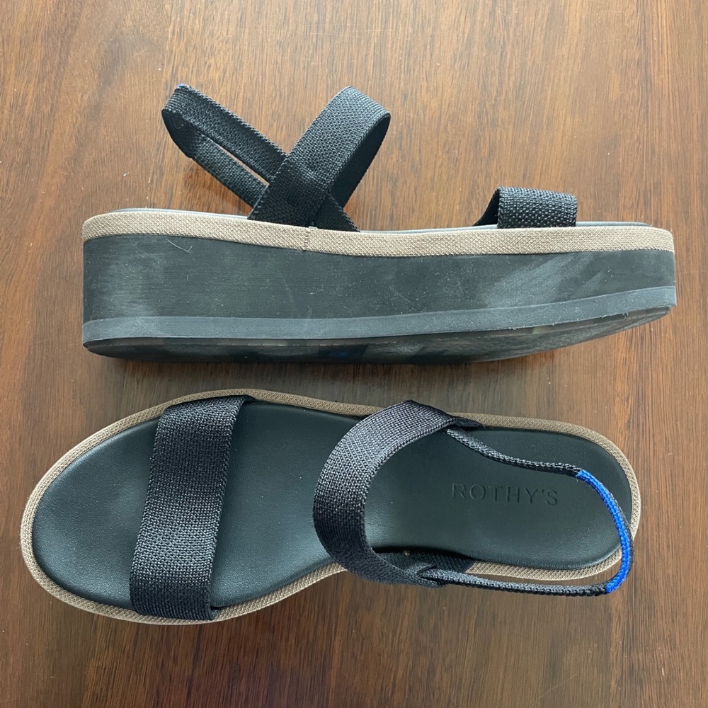 Rothy's Sandal Womens 9 Black Platform Sustainable Knit Strappy Platform Chunky